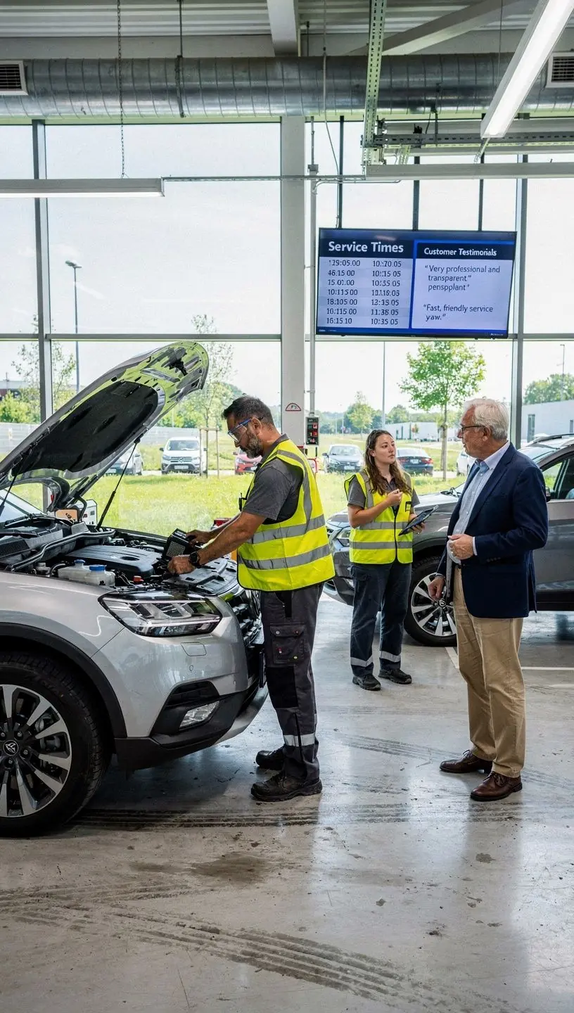 Kundenberater erklärt Prüfergebnisse an Bildschirm im Autoinspektionszentrum vor Fahrzeugkauf